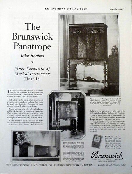 Bestand:1024px-Vintage Radio Advertising - Brunswick Radio, The Brunswick Panatrope With Radiola , From the Saturday Evening Post, November 3, 1928 (9716657777).jpg
